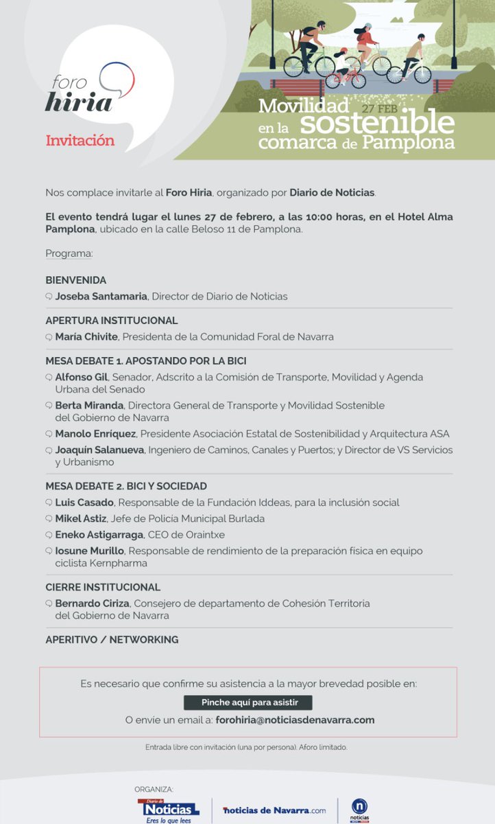 Es para mi un lujo participar en el #ForoHiria #movilidadsostenible e intercambiar opiniones y sobre 
#sostenibilidad #pamplona #bici #movilidad <a href="/mavichina/">María Chivite / ❤️</a> 
<a href="/gob_na/">Gobierno de Navarra</a> <a href="/NoticiasNavarra/">Diario de Noticias</a> <a href="/jrekarte/">joseba santamaria</a> <a href="/FundacionIddeas/">Fundación Iddeas</a> <a href="/EnekOraintxe/">Eneko Oraintxe</a>
<a href="/Obs2030_CSCAE/">Observatorio 2030 del CSCAE</a> <a href="/COAVNavarra/">COAVN Navarra</a> <a href="/etsaunav/">Escuela de Arquitectura</a> <a href="/asociacionASA/">ASA</a>
