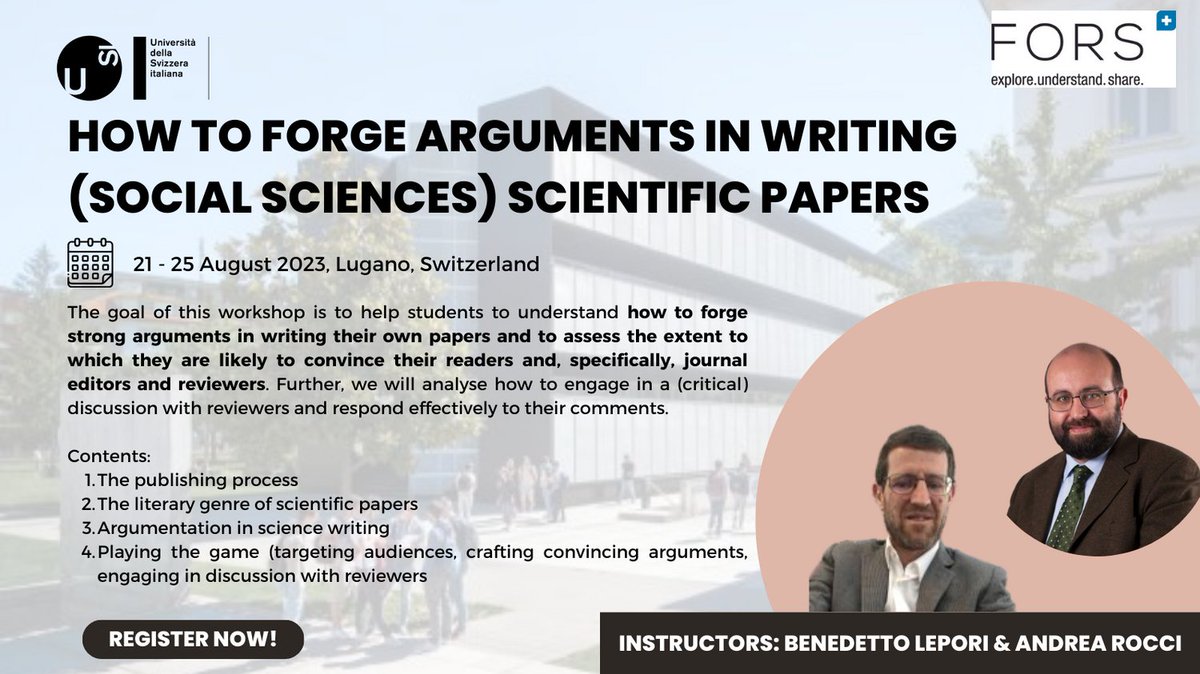 If like us you are currently looking for training opportunities in beautiful places-look no further! This brilliant course on forging arguments in writing with Benedetto Lepori and Andrea Rocci will be useful to both newer and more experienced researchers. #SSM2023 #SummerSchool