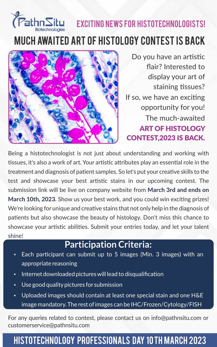 pathnsitu's tweet photo. MUCH AWAITED ART OF HISTOLOGY CONTEST IS BACK
Show us your best work, and you could win exciting prizes! We're looking for unique and creative stains that not only help in the diagnosis of patients but also showcase the beauty of histology.
#histology #histopathology #histotech https://t.co/ijHz0kw7ja
