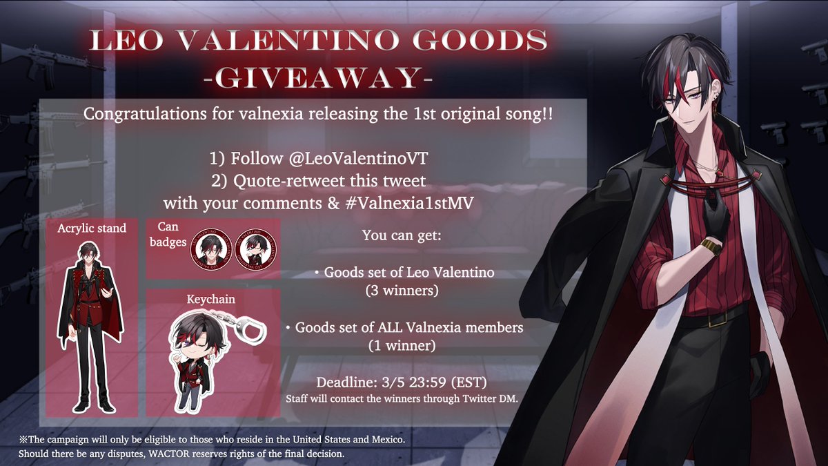 LeoValentinoVT's tweet photo. ✨We're having a Valnexia goods
 giveaway campaign~!✨

You can get
🌹Goods set of Leo Valentino
🌹Goods set of ALL THREE VALNEXIA MEMBERS (pog)

1️⃣Follow @LeoValentinoVT
2️⃣Quote-retweet this tweet with your comments &amp; #Valnexia1stMV
by 3/5 23:59 (EST) https://t.co/tMnJwIdGMY