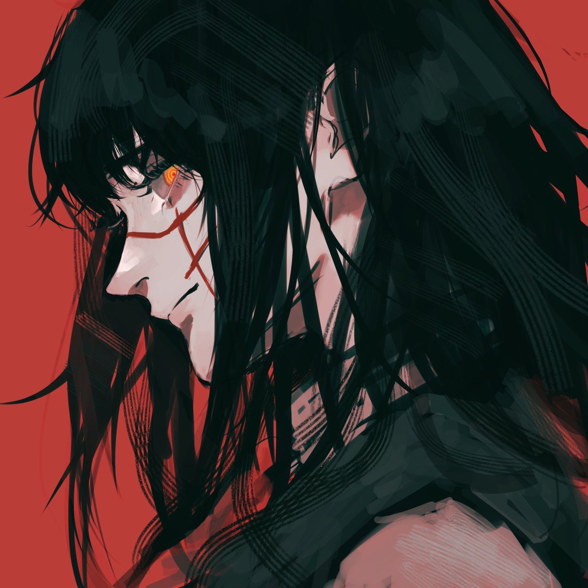 1girl black hair solo red background scar long hair scar on face  illustration images