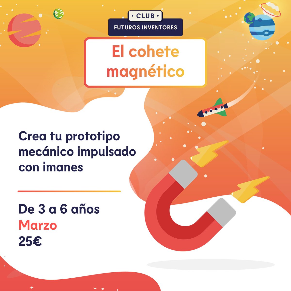 🚀 ¿Por qué el cohete es el emblema de la Academia de Inventores? 🚀 
¡Porque son enormes y un invento genial!
Nuestros pequeños inventores aprenderán a usar el magnetismo a nuestro favor e impulsar un pequeño cohete 
📍Zaragoza y Madrid