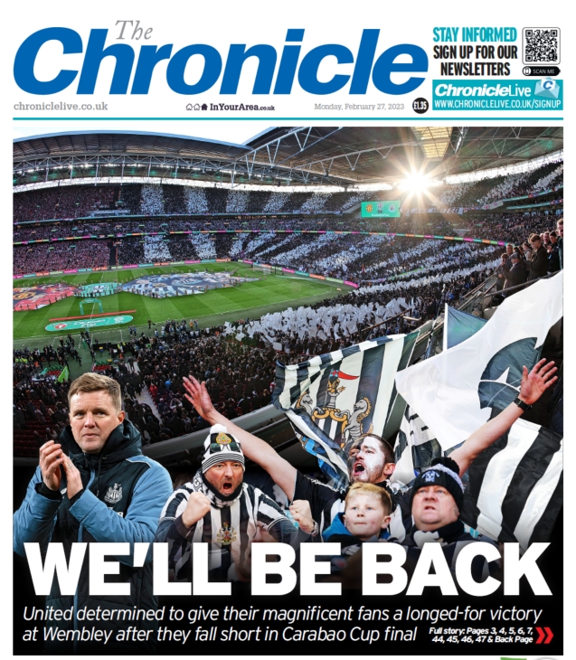 Here's todays <a href="/ChronicleLive/">The Chronicle</a> front page which sums up the mood perfectly. It was a brilliant weekend and the fans and players have made the whole city proud and shown our capital city just how amazing we are. And as our front page says WE WILL BE BACK 🖤🤍