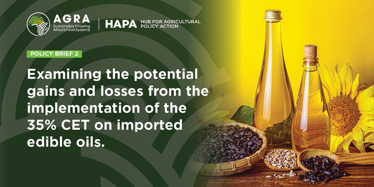 This #HAPA policy brief examines the potential gains &amp; losses from the implementation of the 35% CET on imported edible oils with a focus on prices, value added, trade, &amp; welfare. 

What conclusions can be drawn there-in? Download a copy here bit.ly/3S2Un3E for answers!