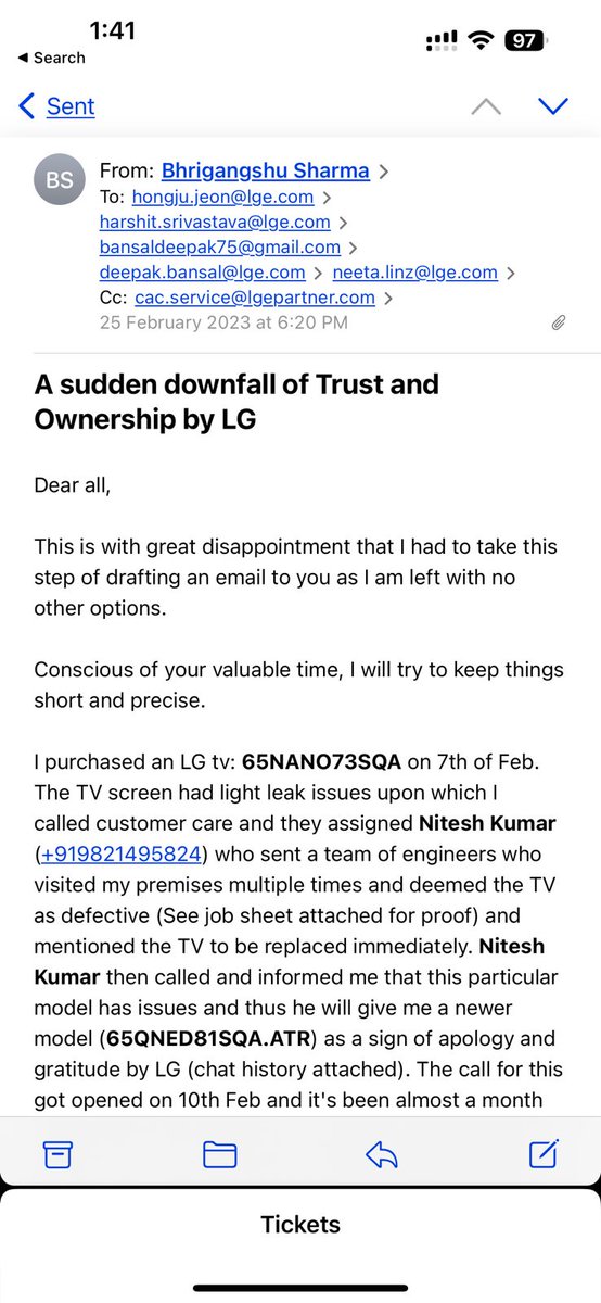 bhriganshu's tweet photo. What happened to @LGIndia @LGGlobal2? I cannot believe even the top level isn't bothered about its customers. Been a month now without resolution. See attached screenshots for complete story #LGindia #Samsung #Sony #consumerprotection https://t.co/IaWBCxlO9X