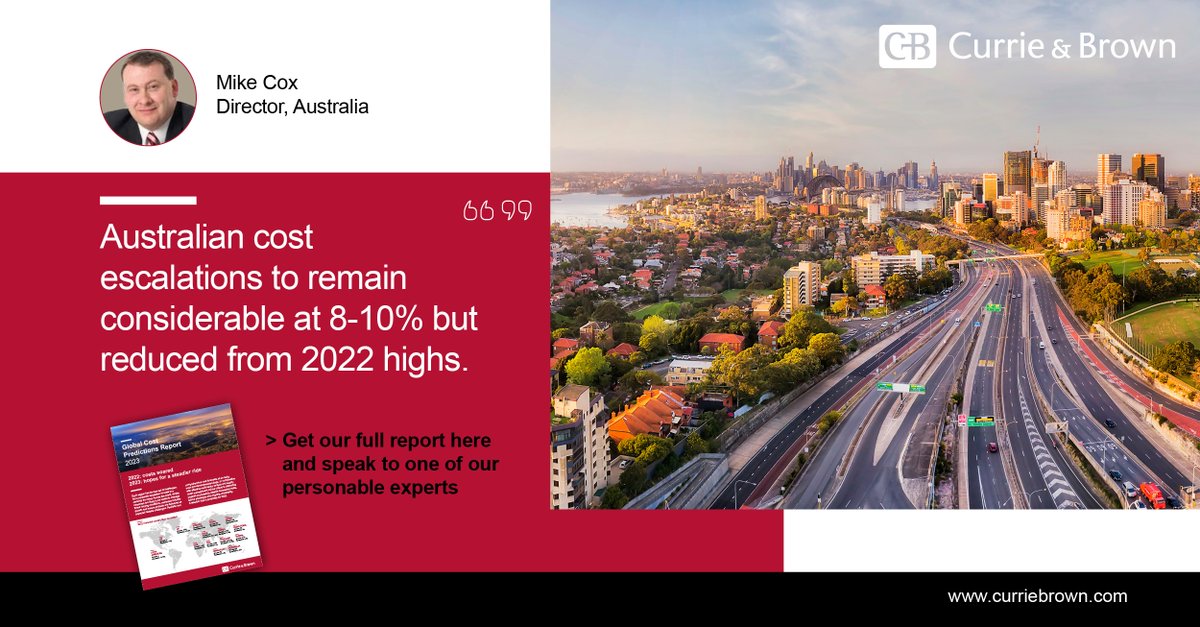 Australia reports that moving into 2023, the previous levels of cost escalation are likely to ease, and an expected average increase to costs of between 8% to 10%, particularly among high demand trades required for infrastructure projects. curriebrown.com/en/media/news/…