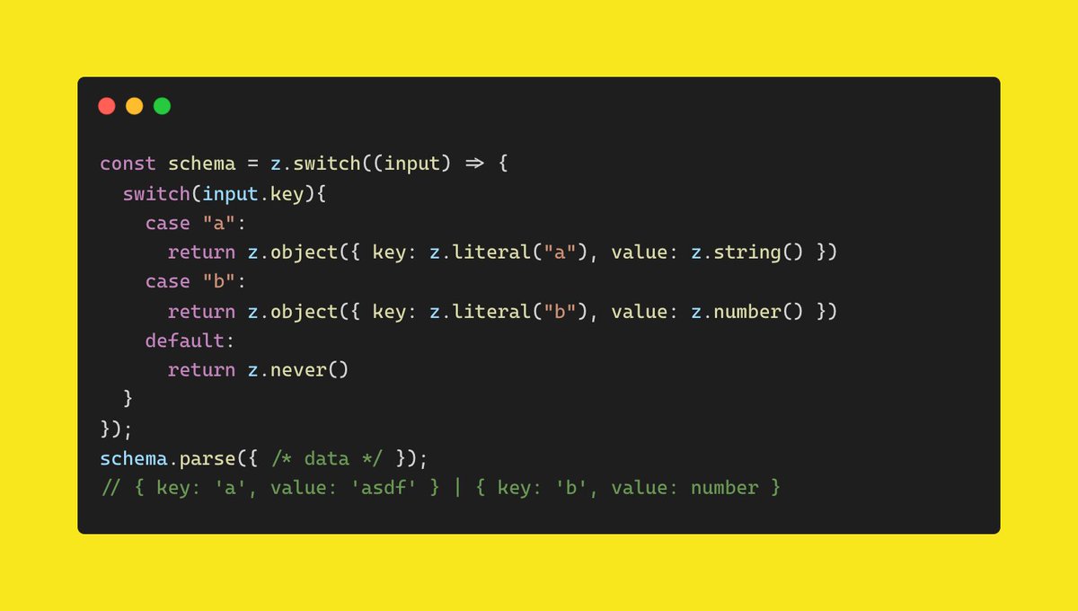 I'm planning to deprecate `z.discriminatedUnion` 

Here's 1000 words about why: github.com/colinhacks/zod…

Here's the new `z.switch` API I'm proposing to replace it 👇