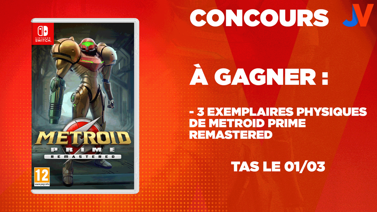 JVCom's tweet photo. 🔵🎁 CONCOURS METROID PRIME REMASTERED 🎁🔴

Pour la sortie de #MetroidPrimeRemastered le 3 mars en version physique, on vous fait gagner 3 exemplaires du jeu ! Il a reçu un excellent 18/20 sur JV !

🎁  RT+Follow @JVCom 🎁 
⚔ 3 gagnants ⚔ 

TAS 01/03 : https://t.co/Xz7bNoIaIY https://t.co/d5bm3R7WqD