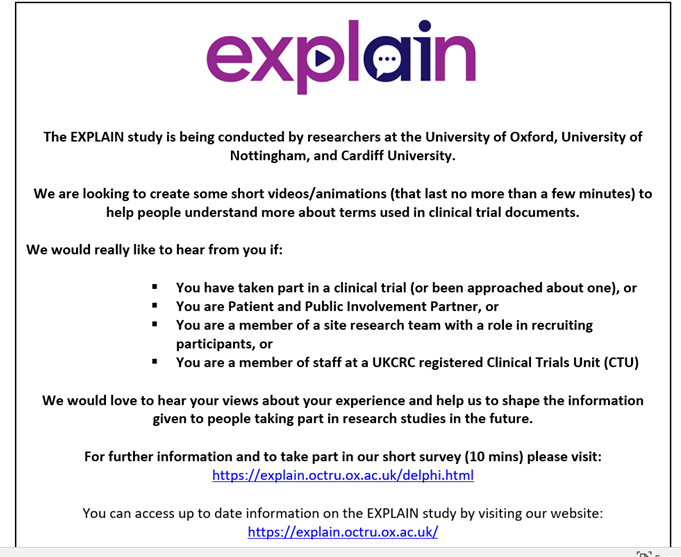 claire_nollett's tweet photo. The EXPLAIN study team would like you to help shape the information given to clinical trial participants (The Explain Initiative - https://t.co/8GrGEBYjMh). See below for details.
To complete the survey:  https://t.co/v24ZAOXlO4

@CTRCardiffUni @ResearchWales https://t.co/PmdXx6QMg2