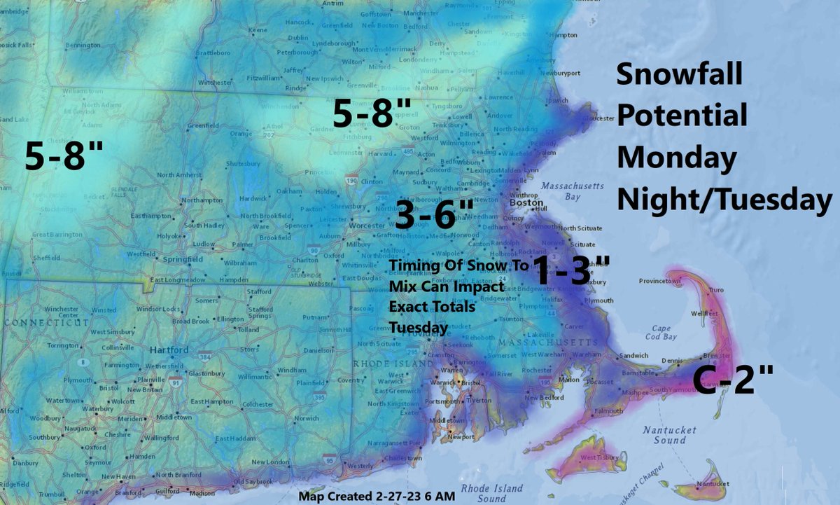 Not much change to thinking with snow for Tuesday. A quicker mix/change further inland lowers totals, but a later change results in the higher end.  Not a big storm by any measure. Slow travel, school cancellations, and shoveling for Tuesday.