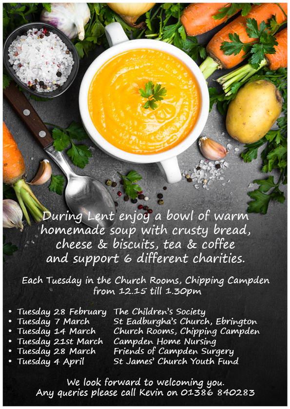 CampdenVicar's tweet photo. What are you doing on Tuesday lunchtime?
Why not join us for the first of our 'super' soup lunches?
A warm welcome as well as warm soup awaits you
#soup #lent #church #cotswolds #VaCE
@GlosDioc @gamingcurate @SarahERoberts3 @danadelap @ChildSocChurch @childrensociety https://t.co/tUdDEZ91Hb
