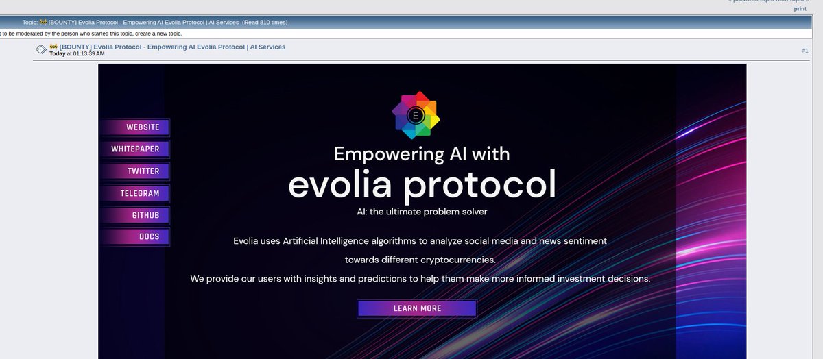 EvoliaProtocol's tweet photo. #Evolia is proud to annouce the beginning of a 6 week bounty campaign hosted on famous Bitcointalk forum. 

Get your share of a $10,000 $EVO Prize-Pool

Video, Blog, twitter, telegram campaigns, you can't miss this!
https://t.co/wPrHpi0vdj

#AI #Crypto #AI2Earn https://t.co/XvbF7MQVD0