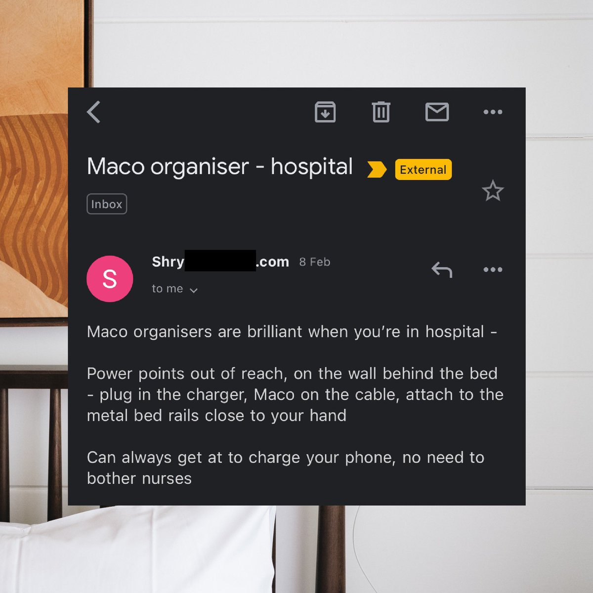 Three1Design's tweet image. “Maco organisers are brilliant when you’re in hospital - 

Power points out of reach, on the wall behind the bed  - plug in the charger, Maco on the cable, attach to the metal bed rails close to your hand 

Can always get at to charge your phone, no need to bother nurses.”