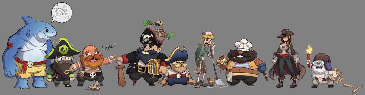 Allow me to introduce you to the Crew of The Dirty Skull.

From Left to Right
Salty The Shark - The bruiser and muscle of the ship, eats anything.

Shakey - The Nervous wreak who is tasked with caretaking of Salty, cared he'll eat him one day.

Gordo - The stupid and goofy rum