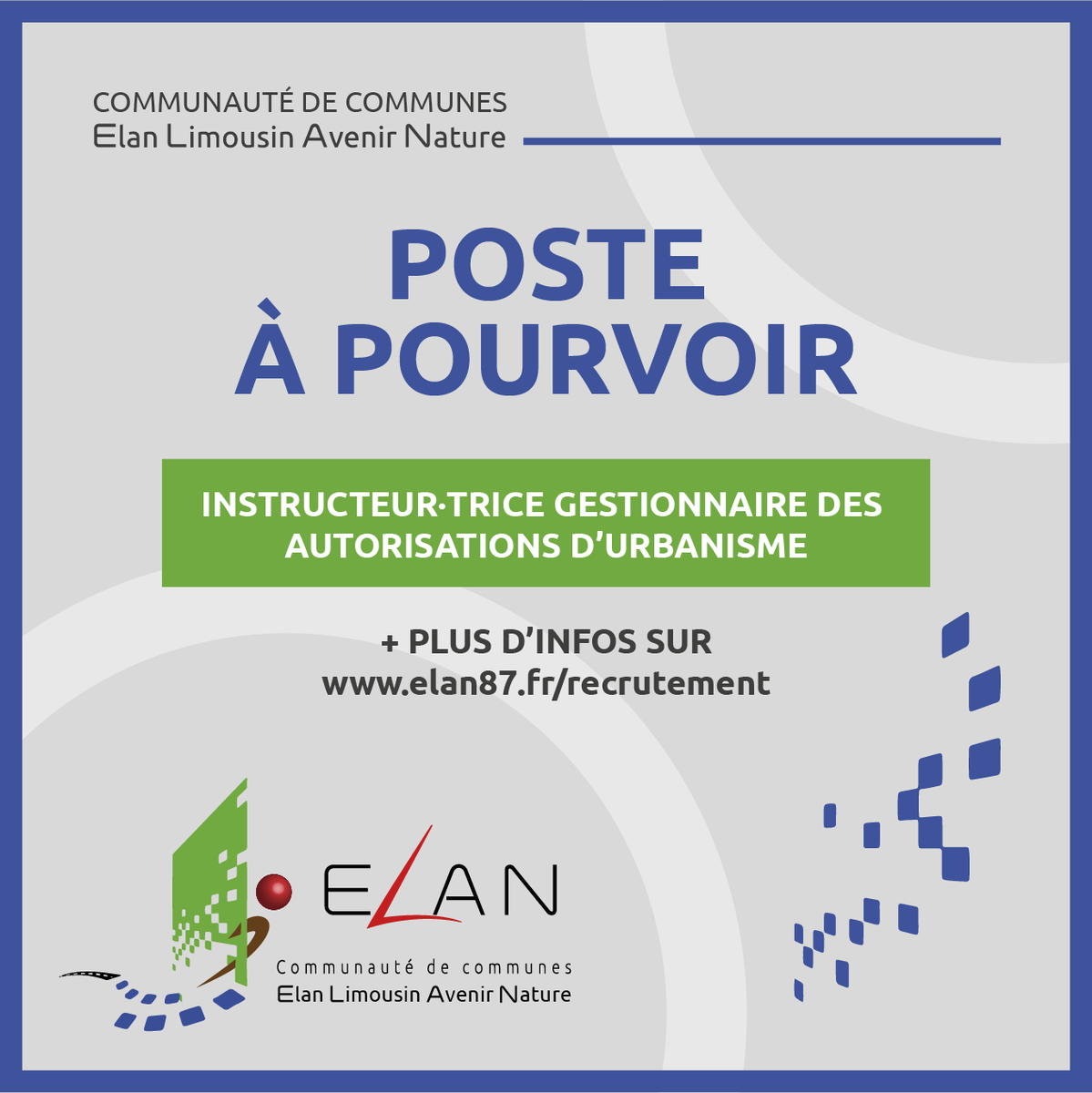 CCElan87's tweet photo. #recrutement #urbanisme 
➡ ELAN recrute un·e instructeur·trice gestionnaire des autorisations d'urbanisme.
🔸 CDD de 6 mois (remplacement)
✅ Poste à pourvoir au 1er mai.
👉 Plus d'infos : https://t.co/Ch7BStth72 https://t.co/ERCjWxZhxP