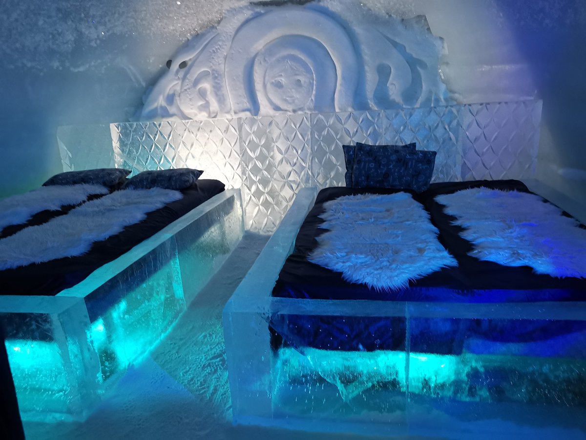SHartridge1960's tweet photo. Slept well - eventually - in the Snow Hotel in Kirkenes, northeast Norway. Temperature in the room is -4 but sleeping bags made for -30 keep you comfortable enough. However, the 3am trip to the 'comfort block' was a hasty affair. #havilavoyages #norwaycruises #snowhotel https://t.co/rFtjkraJJz