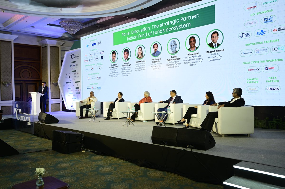 IndianVCA's tweet photo. We express our gratitude to Shri Satya Prakash Singh, CGM, @sidbiofficial; Anand Unnikrishnan, Neha Khosla, @prashanthp, @Rema_S01, @Raivineet, &amp; Bharat Anand, for enlightening us on the Indian Funds of Funds ecosystem at the #IVCAConclave. https://t.co/EhRxwKXSbv