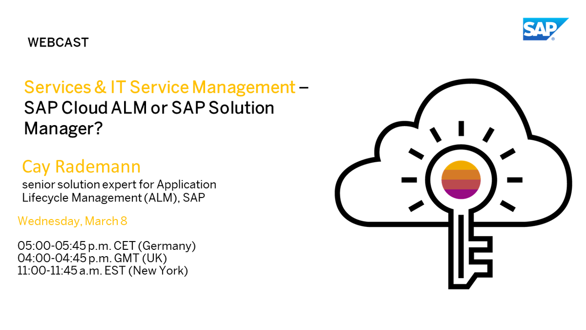 CsabaBalazsS_P's tweet photo. This session concludes the 'ALM for #SAP #S4HANA' webcasts, comparing #SAPCloudALM and SAP Solution Manager (#solman). We'll focus on the topic of IT service management and other services that are available only in SAP Solution Manager.

Register: https://t.co/CwWbTKQlmF https://t.co/6PbmthyRcY