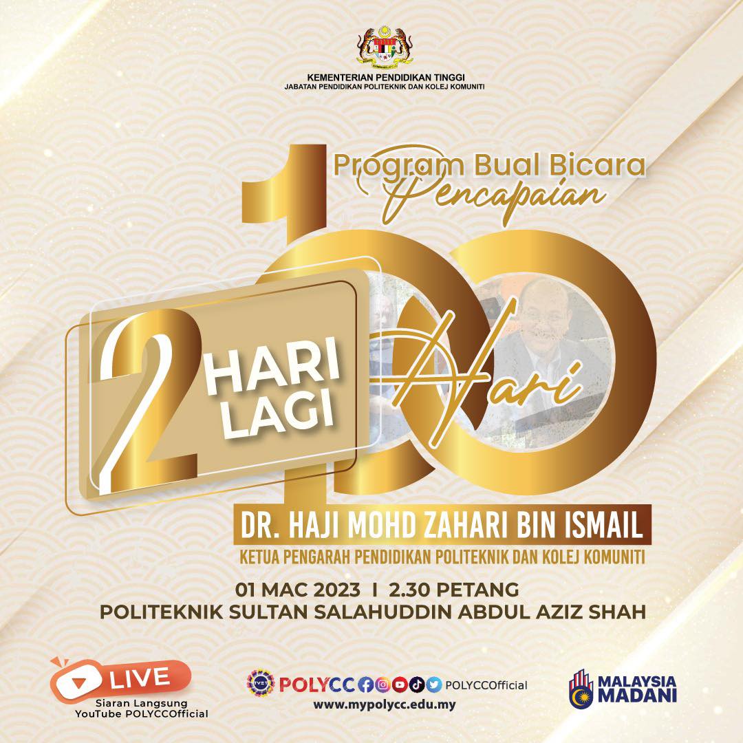 kkseg2's tweet photo. 2 Hari Lagi…

Saksikan bual bicara 100 Hari Ketua Pengarah Pendidikan Politeknik dan Kolej Komuniti pada 1 Mac 2023, jam 2.30 petang menerusi saluran Youtube Rasmi POLYCCOfficial.

#MalaysiaMADANI 
#100HariKPPPKK https://t.co/vu2j4KftcX