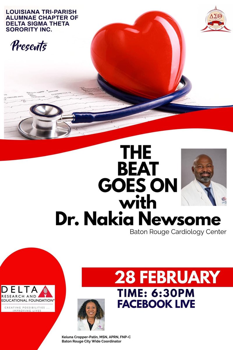 LTPDST's tweet image. Join in and hear more about heart healthy topics as Louisiana Tri-Parish Alumnae Chapter partners with Dr. Nakia Newsome of Baton Rouge Cardiology Center and DREF with Keiuna Cropper-Patin, Baton Rouge City Wide Coordinator 
#LTP
#HeartMonth