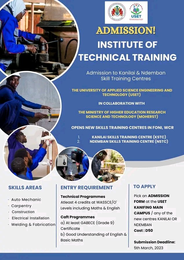 USET_UNIVERSITY's tweet photo. Admission is open, rush now and secure a form. In a bid to decentralized TVET in The Gambia, Kanilai and Ndemban Skill Training Centres are up and running. https://t.co/UfSvZV2e1J