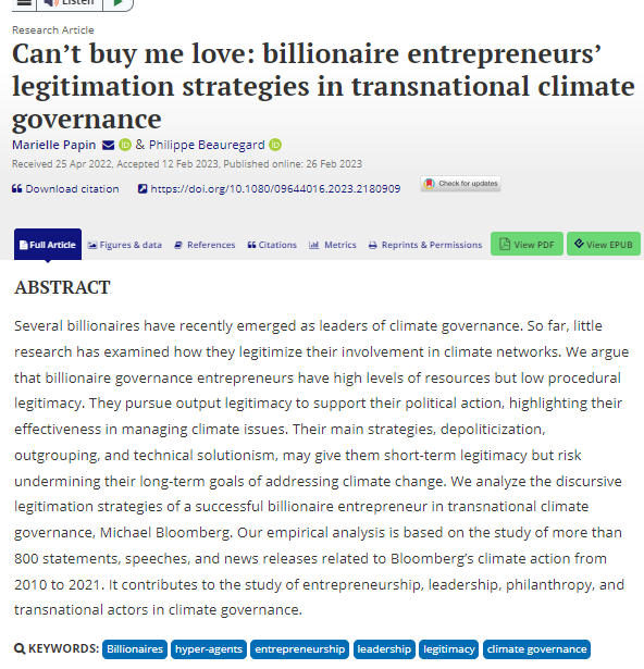 Env_Pol's tweet photo. In "Can't Buy me Love" @Marielle_Papin &amp; @PhiBeauregard use case study of Michael Bloomberg to suggest billionaires use depoliticization, outgrouping, and technical solutionism to gain legitimacy, at the expense of long-term goals of effectiveness. 
https://t.co/pEWSyMYCcg https://t.co/Sr0B5UJcWc
