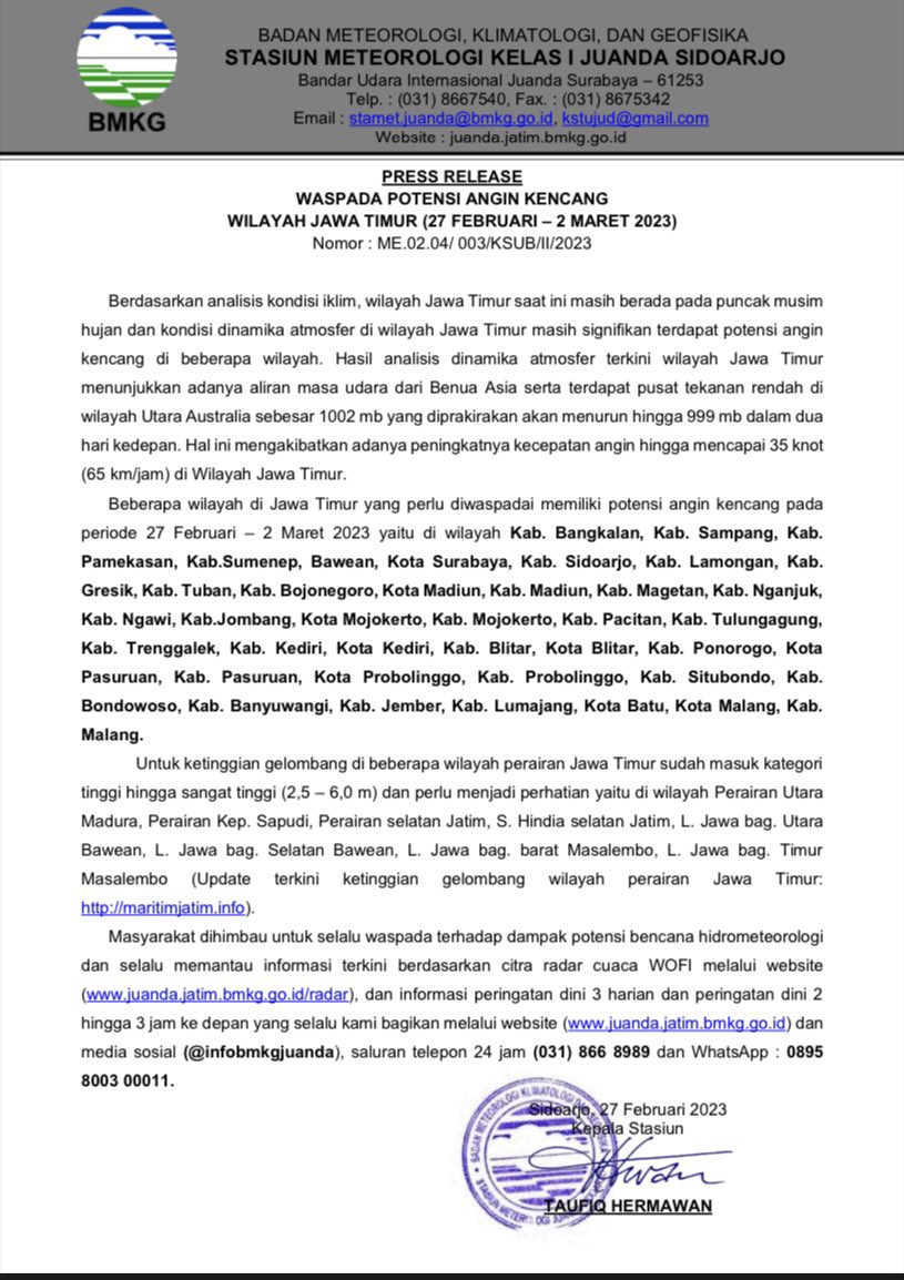 infobmkgjuanda's tweet photo. PRESS RELEASE
WASPADA POTENSI ANGIN KENCANG WILAYAH JAWA TIMUR (27 FEBRUARI – 2 MARET 2023) https://t.co/QCquMLBhY8