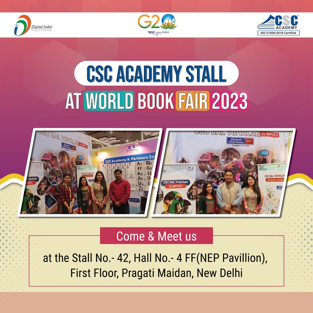 academy_csc's tweet image. CSC Academy Stall at World Book 📚 Fair 2023...
Come & Meet us at Stall No.- 42, Hall No.- 4 FF(NEP Pavillion), First Floor, Pragati Maidan, New Delhi.
#WorldBookFair #WorldBookFair2023 #CSCAcademy #DigitalIndia #G20India #AzadiKaAmritMahotsav #NDWBF #NDWBF23 @PatankarRishi