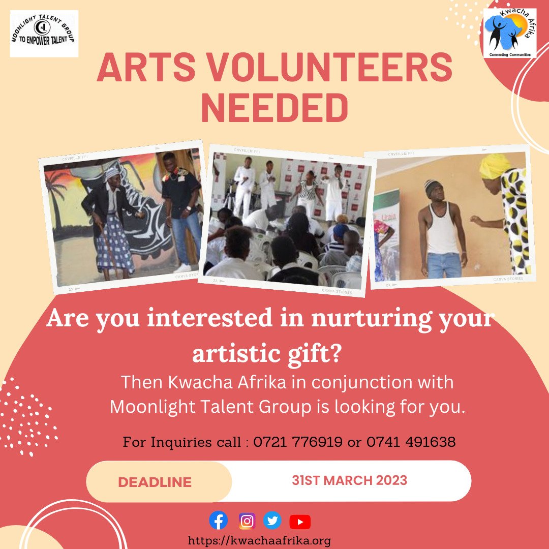 Are you interested in nurturing your artistic gift? Look no further!
Moonlight Talent Group in conjunction with @KwachaAfrika is recruiting young people to join their arts volunteers team. For further inquiries kindly reach out to us!
@ogambivictor @Diojoel254 

#NurturingTalent