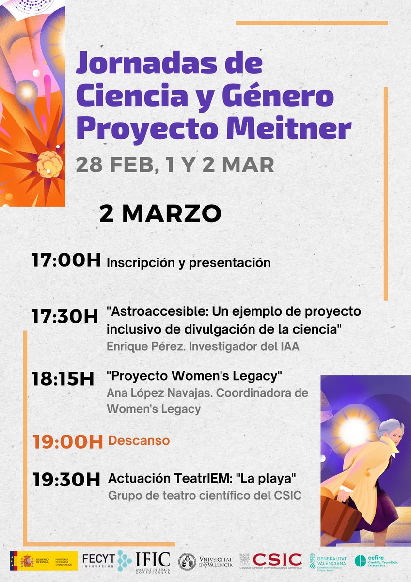 📢 ¡Mañana comienzan las Jornadas de Ciencia y Género de Proyecto Meitner!

📅 28 feb, 1 y 2 mar
⏰ 17h-20:15h
📍 28-feb y 1-mar ONLINE, 2-mar PRESENCIAL en Parc Científic UV

➕ info: recordandoalise.es/proyecto-meitn…
Inscríbete: recordandoalise.es/eventos/jornad…

Conoce a lxs ponentes ¡Dentro 🧵!