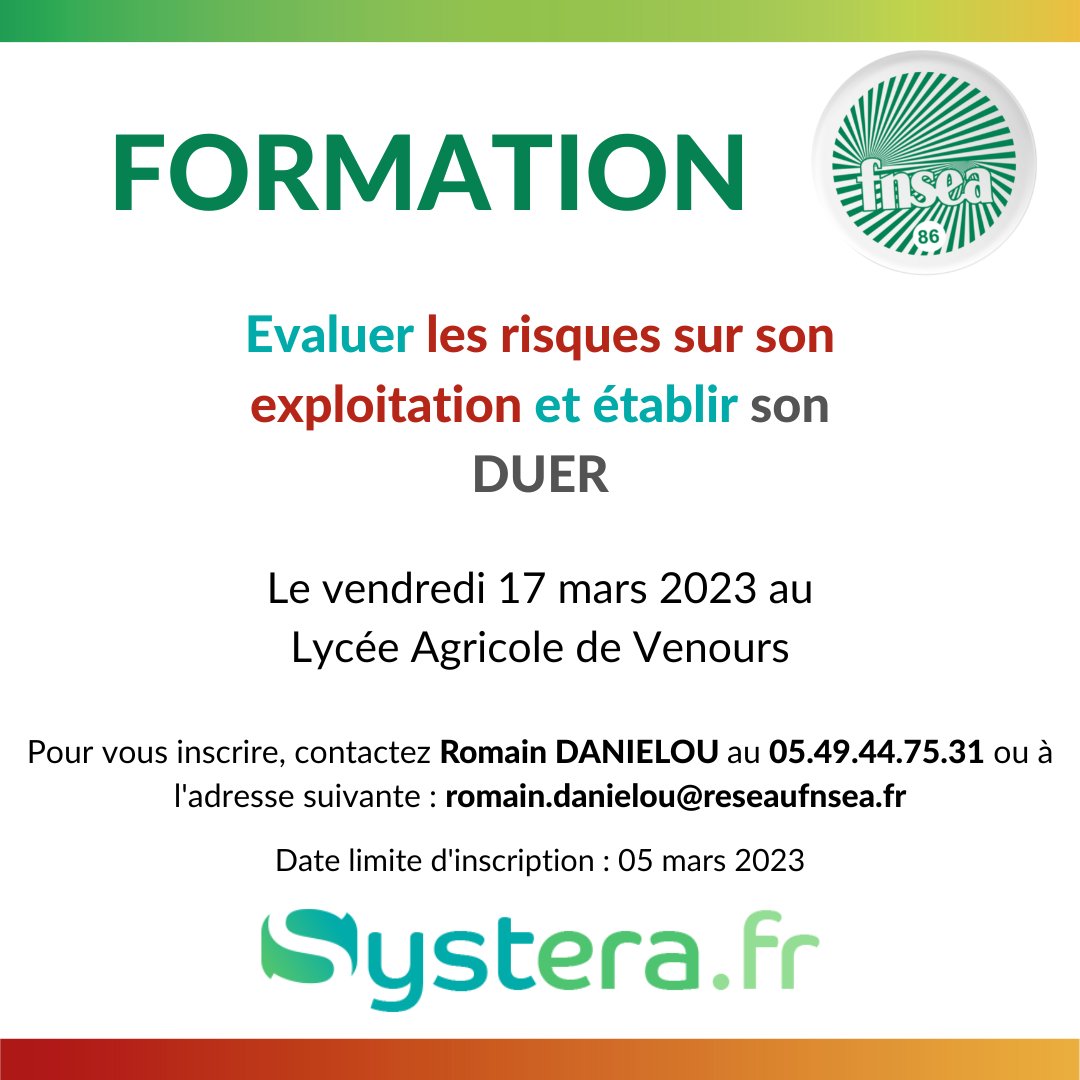 La FNSEA 86 organise une formation Document Unique d'Evaluation des risques qui se tiendra le 17 mars 2023 au lycée agricole de Venours !

Pour plus d'information, n'hésitez pas à nous contacter au 05.49.44.75.31 !