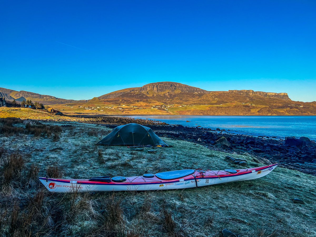 LifeAfloat's tweet photo. It’s an icy morning &amp; the sun is taking its time to reach me. Sadly I slept through the aurora display last night. I’m always in my sleeping bag very early. It’s a beautiful morning here on Skye. https://t.co/4vO7mQUdSM