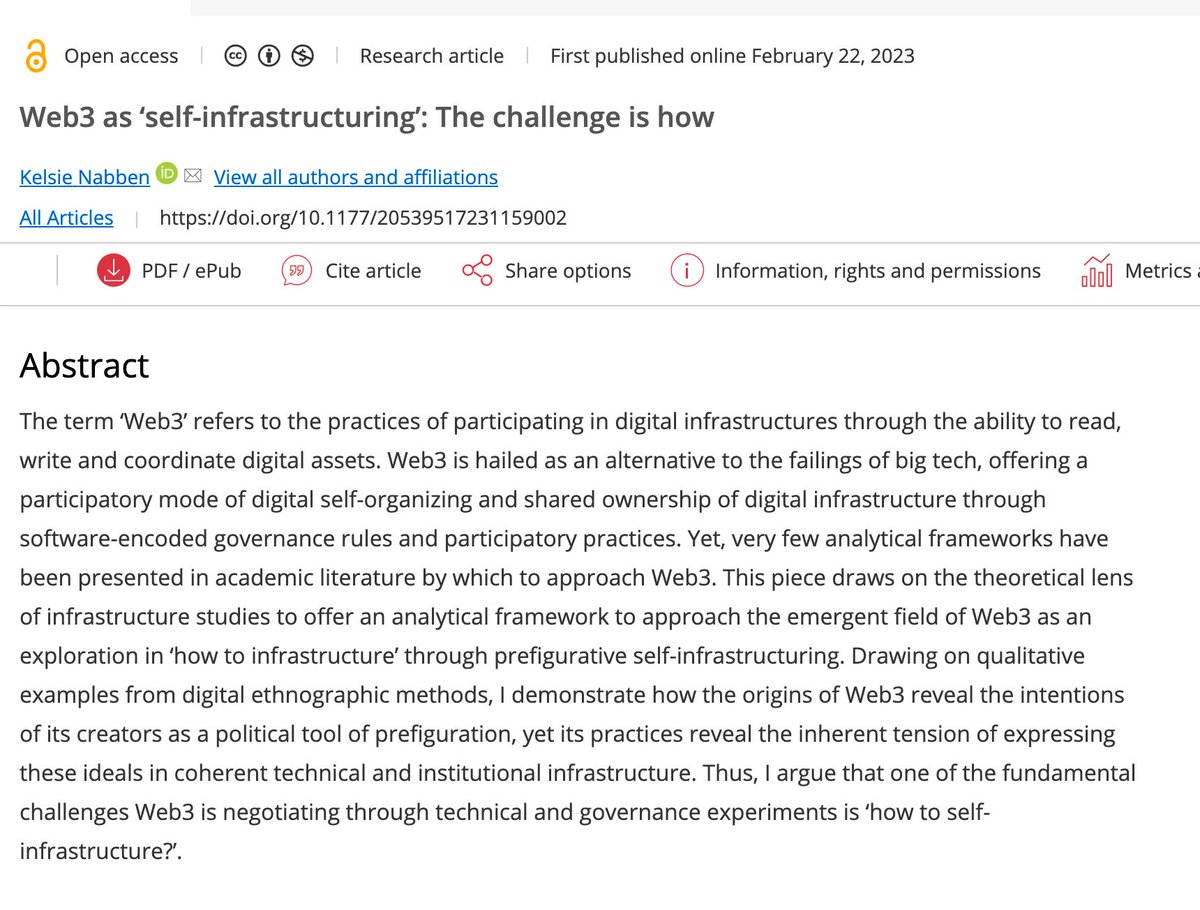 BigDataSoc's tweet photo. β‘οΈ #Web3 promises a participatory mode of digital self-organizing and shared ownership of infrastructure. But how to 'self-infrastructure'?πIn this new commentary @kelsiemvn explores the challenges drawing on #infrastructurestudies and #digitalethnography https://t.co/vWWafbfH0I https://t.co/3AaDCuY6F8