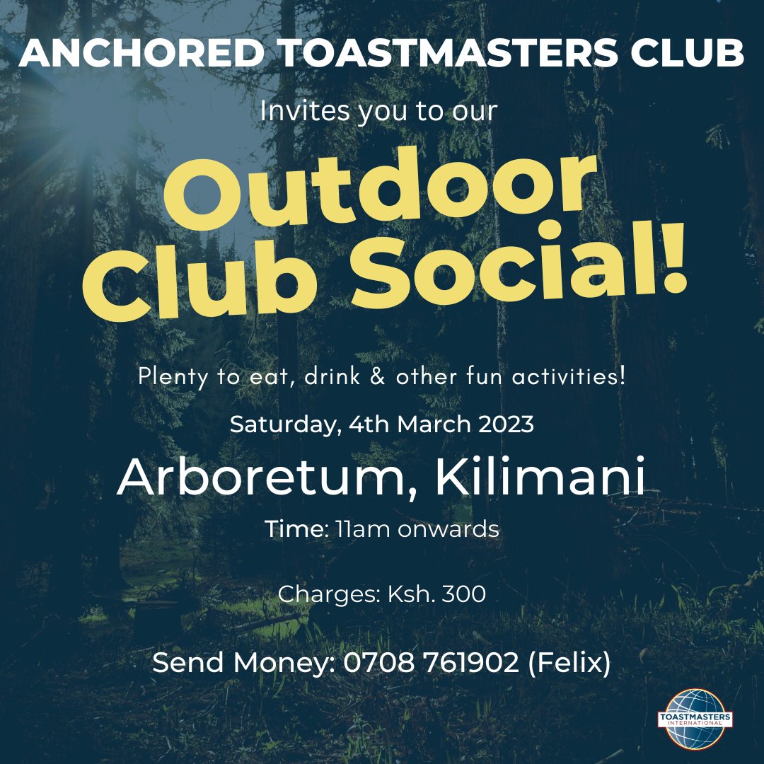 anchored_tm's tweet photo. ⏰It's almost time!⏰📣🚨

I hope we're all geared up for our club social happening this Saturday, 4th March at Arboretum, Kilimani. 

If you haven't already, please send your ticket fee of Ksh. 300.

Invite your friends too and come let's have fun!🥳🥁 https://t.co/mbgNEMHUGX