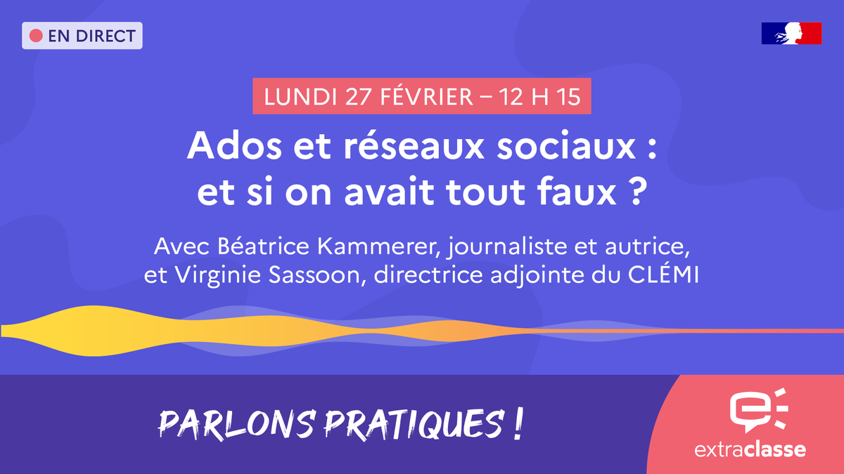 reseau_canope's tweet photo. 📣Conférence en direct aujourd'hui à 12:15 !
📱 "Ados et réseaux sociaux : et si on avait tout faux ?" 
Avec Béatrice Kammerer @MmeDejantee, journaliste - autrice et @ViSassoon directrice adjointe @LeCLEMI 
🔴Par ici https://t.co/VsypeRGxIi #EMI #ExtraClasse https://t.co/RPhZ5uNBkH