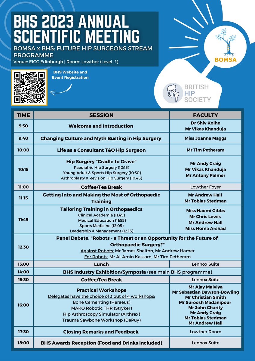 BOMSA_UK's tweet photo. 📣GET YOUR TICKETS NOW📣

Don’t miss out on this unique opportunity to soak up the priceless experience this event has to offer, as well as speak and listen to our amazing faculty! 😆 @BritishHip 

✅ To register use the QR code above or follow the link in our bio! https://t.co/ycKTE4KgHz
