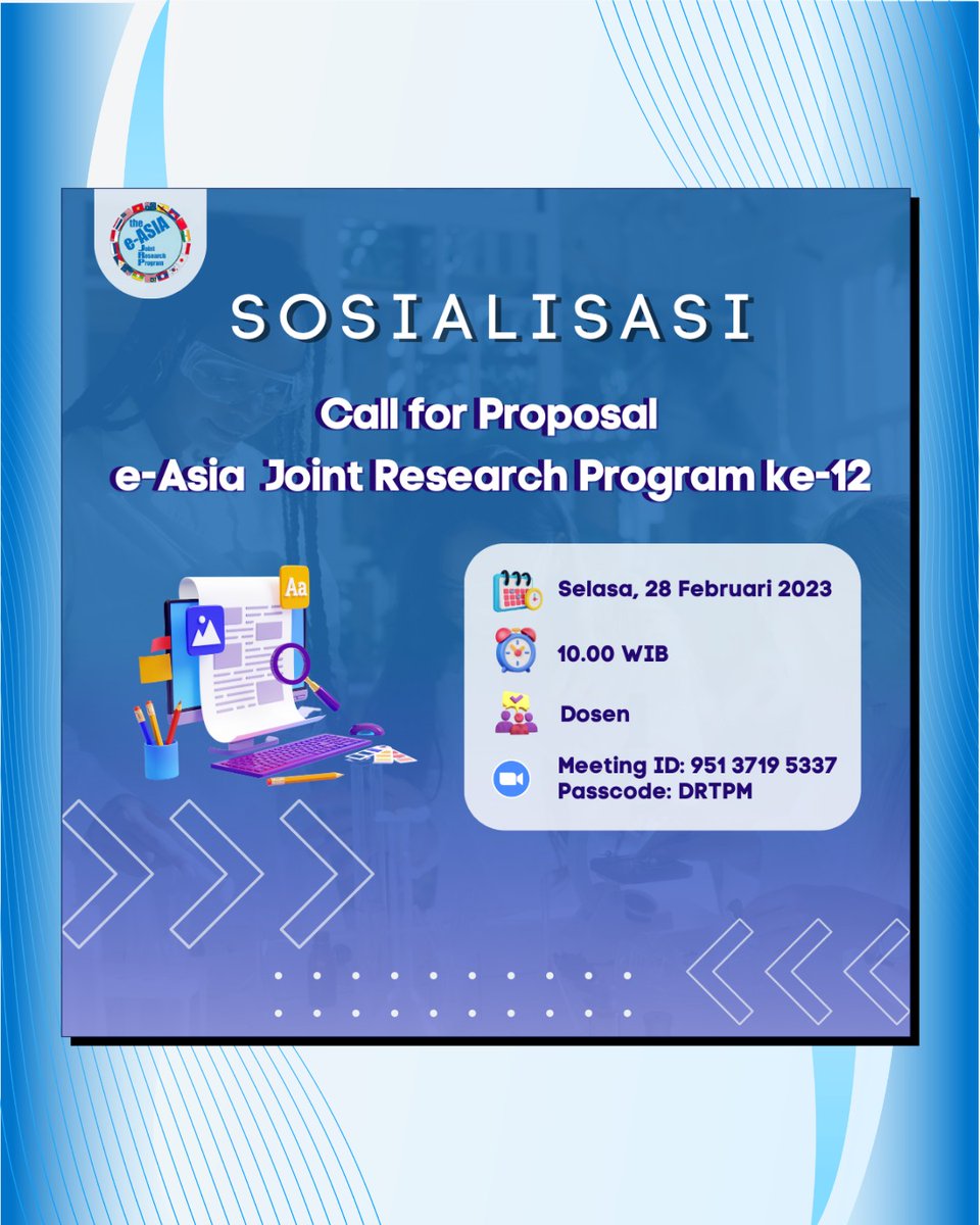 DiktiVokasi's tweet image. Halo #SobatVokasi!
Siapkan proposalmu untuk program kerja sama penelitian The East Asia Science and Innovation Area Joint Research Program (e-ASIA JRP) dengan mengikuti:

SOSIALISASI 
Call for Proposal eASIA-JRP ke-12
#diktivokasi
#researchprogram
#eAsiaJointResearchProgram