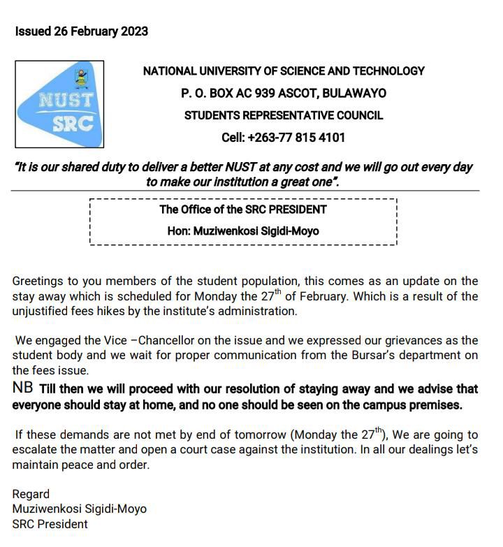 nustfmzw's tweet photo. Nust SRC says it is willing to take Nust management to court if fees issue is not resolved
#nust
#nustfm
#nustsrc
#umsakazotops https://t.co/Jhq8LKvqrE