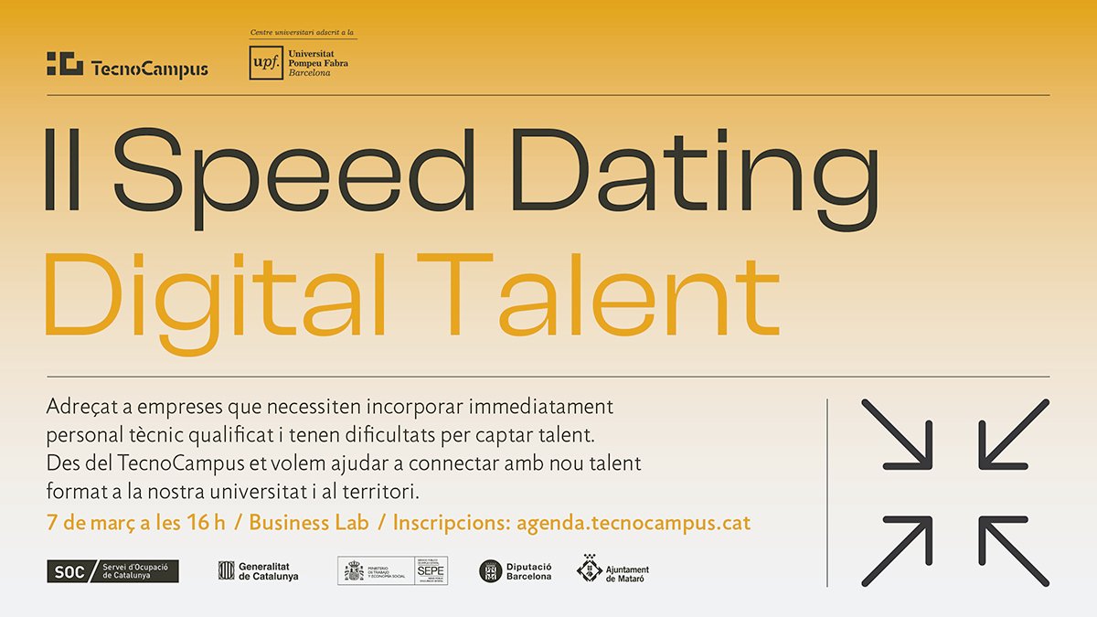 AreaEmpresa's tweet image. 🚀II edició Speed Dating #DigitalTalent
Connecta amb #talent del @TecnoCampus🤝
Especialitats:
✅#JavaBackEnd
✅Web Developer
✅FrontEnd #Web
✅Developer
✅#Ciberseguretat
🗓️ 7⃣ de març
⏰16 h
📍 Business Lab (TCM1)
Inscripcions⤵️
bit.ly/3XVgZVm