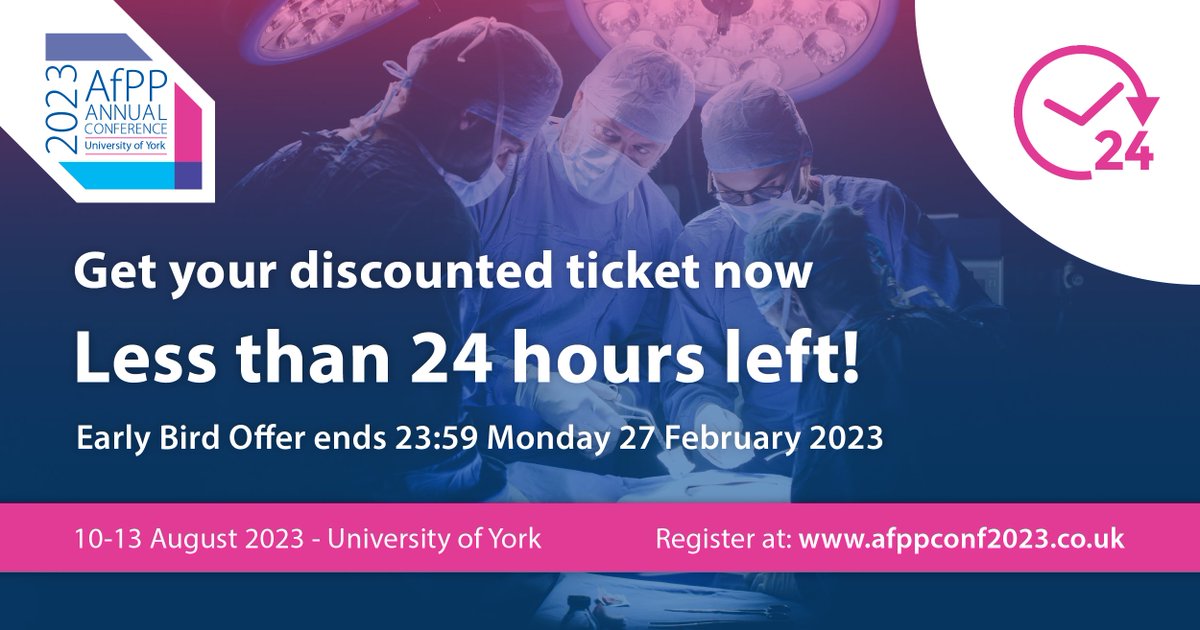You've got less than 24 hours to get 10% off your AfPP Annual Conference tickets!🚨

Book your place before our Early Bird Offer finishes at midnight tonight!⏰

📍University of York
📅10-13 August

Find out more and book your place here: bit.ly/AfPPConf2023Re…

#AfPPConf2023
