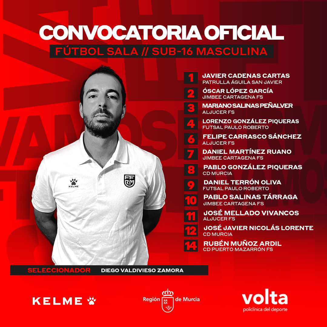 📋✅ #OFICIAL | ¡Lista de convocados para el Nacional Sub-16 de futsal ⚽!

🤩 ¡Aquí están los 12 elegidos por <a href="/DiegoValdy9/">Diego Valdivieso</a>! ⬇ 

🫂 Convocatoria para la FASE FINAL del Cto. de España de futsal masculino en Ourense (3-5 de marzo). #VamosFFRM 💪