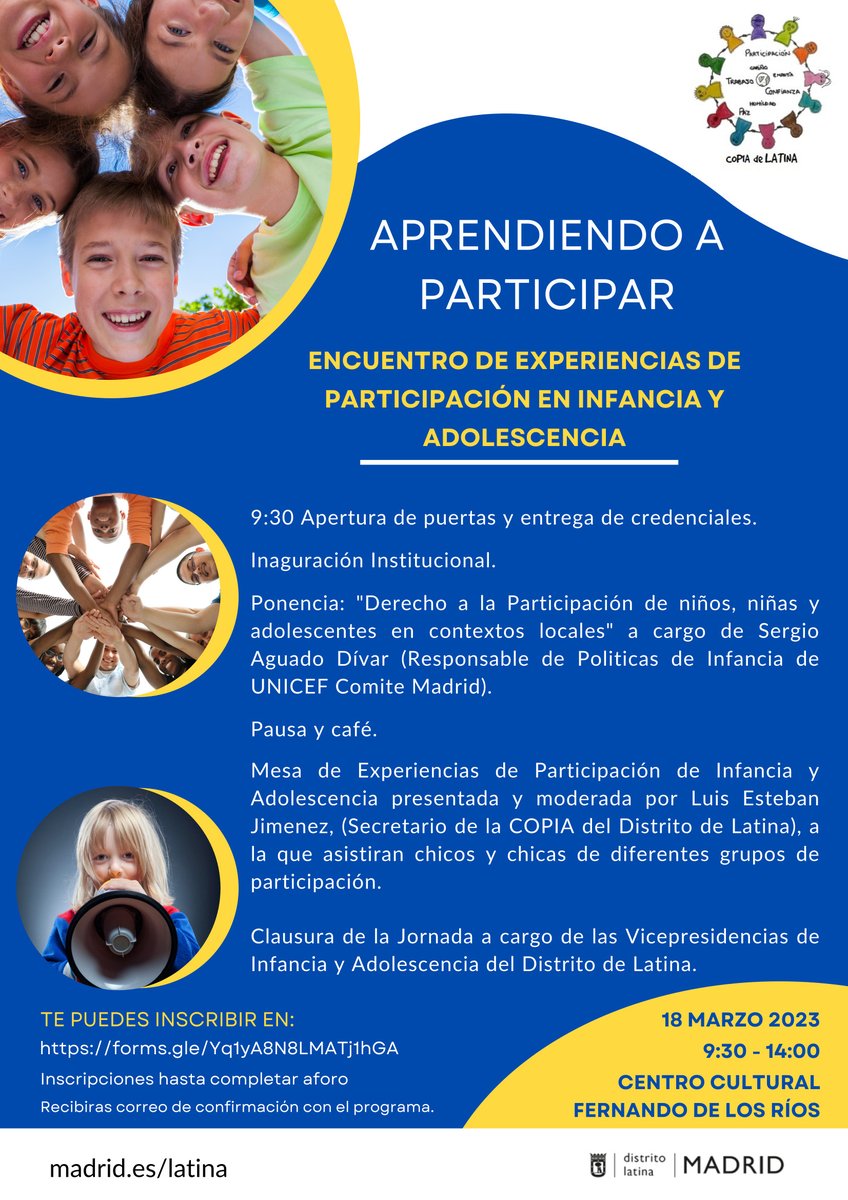 JMDLatina's tweet photo. Encuentro de experiencias de participación "Aprendiendo a participar"
📅18 marzo 2023, de 9:30 a 14 h.
🏠CC. Fernando de los Ríos.
Dirigido a personas involucradas en la participación de la infancia y adolescencia.
✍️Inscripciones: https://t.co/S6TN4ahi6T https://t.co/oAFUB2PTCE