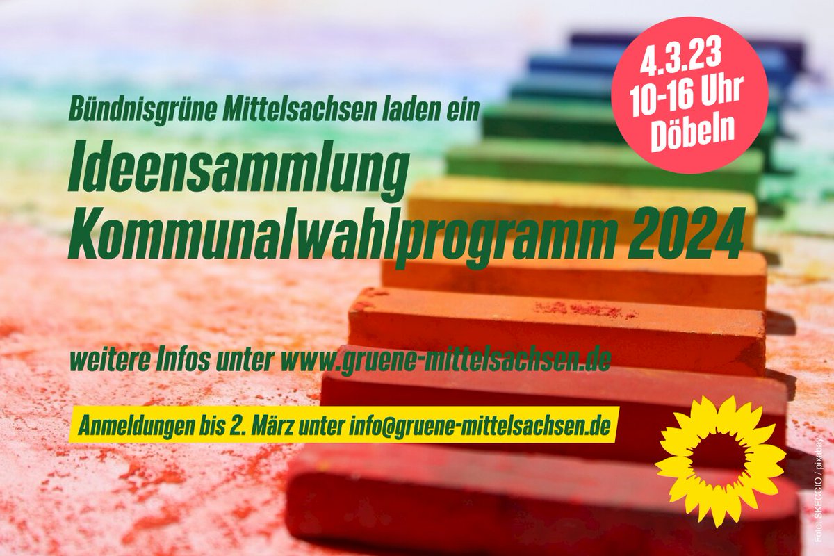 🗓️4. März 2023 #Mittelsachsen #mitgestalten - Ideensammlung für die Kommunalwahl 2024.
10-16 Uhr in #Döbeln. Gemeinsam mit interessierten Bürgerinnen und Bürgern. #Kinderbetreuung möglich.

Infos: gruenlink.de/2mxu
Fragen &amp; Anmeldung: info@gruene-mittelsachsen.de