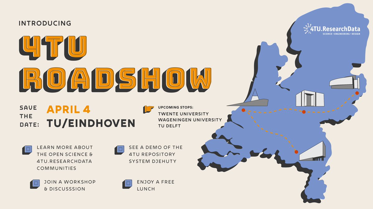4TU.ResearchData (@4turesearchdata) on Twitter photo 📅Are you ready for the <a href="/4TUResearchData/">4TU.ResearchData</a> Roadshow?
This spring we will visit the <a href="/4TUResearchData/">4TU.ResearchData</a> members & bring together #data stewards, researchers, supervisors, software engineers… & more!
1st stop: <a href="/TUeindhoven/">TU Eindhoven</a> on April 4. Find out more 👉bit.ly/3xU73kb 📅Are you ready for the <a href="/4TUResearchData/">4TU.ResearchData</a> Roadshow?
This spring we will visit the <a href="/4TUResearchData/">4TU.ResearchData</a> members & bring together #data stewards, researchers, supervisors, software engineers… & more!
1st stop: <a href="/TUeindhoven/">TU Eindhoven</a> on April 4. Find out more 👉bit.ly/3xU73kb