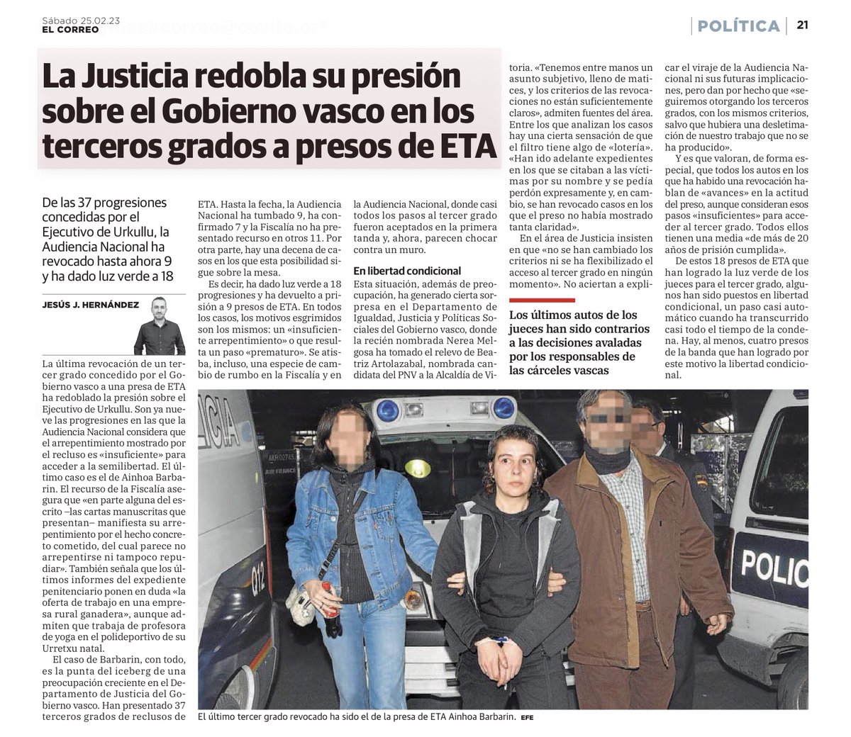 CovitePV's tweet photo. La Justicia está cumpliendo con su deber: revocar todos aquellos terceros grados que no cumplen con los requisitos que exige la Ley para que sean otorgados.

No puede ser que se otorguen terceros grados ad hoc a los presos de #ETA por ser presos de ETA. https://t.co/Kg5q0svurM
