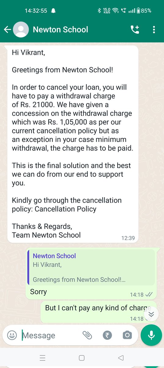 Vikrant93628576's tweet photo. This is the message which I had received from Newton school they were asking for a cancellation fee why i pay any kind of fee or charges if I am not able to join classes or demo classes.
@aajtak @PropelldEduFin @RBI @PMOIndia
#propelld #newtonschool https://t.co/qlf7Ku8I0F