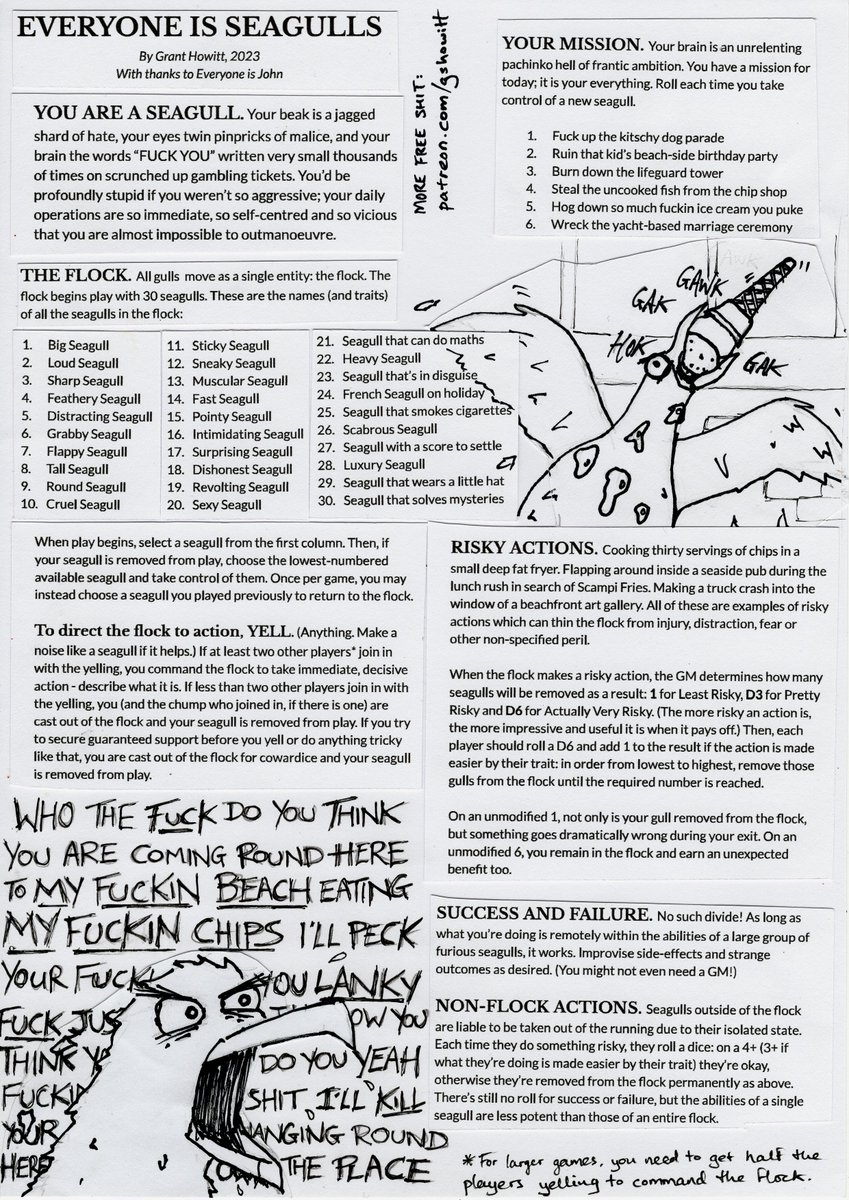 gshowitt's tweet photo. February's free one page RPG is EVERYONE IS SEAGULLS.

You play 30 seagulls. The core mechanic is yelling.

PDFs and text-only versions here: https://t.co/jZ6HMpf36W https://t.co/zFYf8ZkUPx