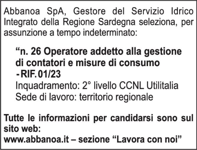 Abbanoa's tweet photo. #Abbanoa assume a tempo indeterminato 26 addetti alla gestione di contatori e misure di consumo.
Modalità di partecipazione, scadenze e tutti i dettagli di tutte le selezioni nella sezione "lavora con noi" nel sito istituzionale di Abbanoa: https://t.co/STRKnoDY1e https://t.co/llmI36eZCq