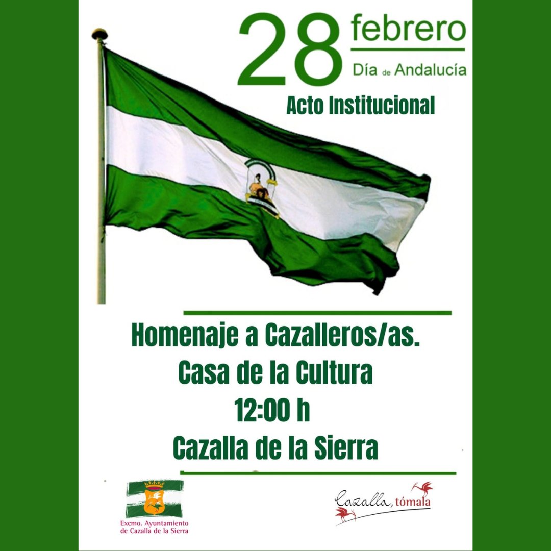 Mañana martes a las 12:00  28 de febrero, celebramos el Día de Andalucía en el Salón de Actos de la Casa de la Cultura. El acto es publico hasta llenar aforo.
Aprovecharemos, como en años anteriores, para homenajear a buenos andaluces con Cazalla.
#28F #diadeandalucia.