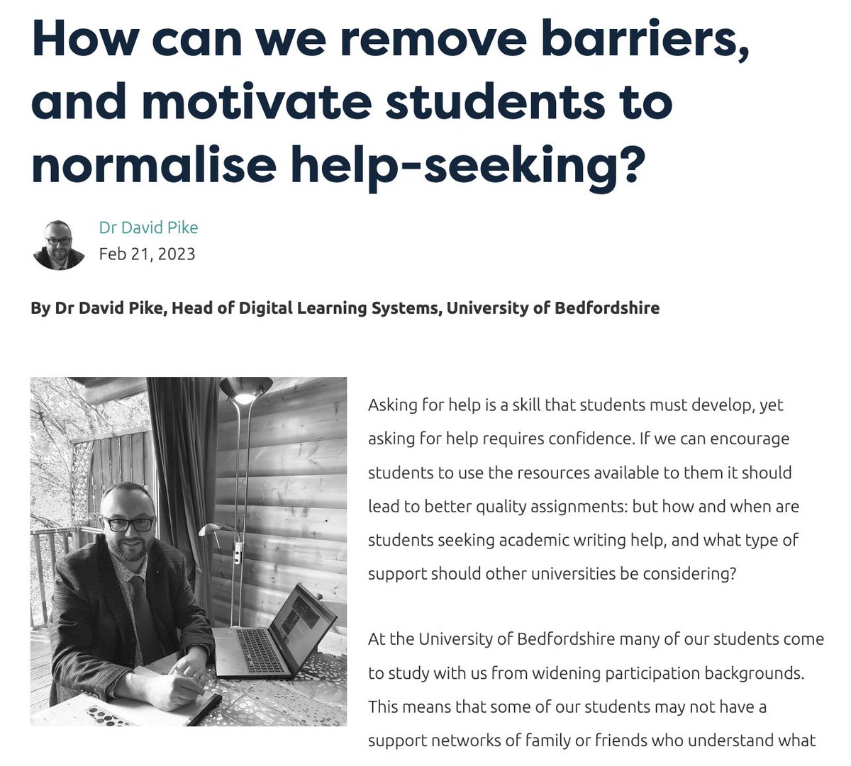 Dr David Pike <a href="/tech_pike/">Dr David Pike</a> Head of Digital Learning Systems discusses how the <a href="/uniofbedsnews/">University of Bedfordshire News</a> support objectives in their APP and undertaken usage research to inform key pedagogical changes, ensuring students seek timely help in order to achieve success.
studiosity.com/blog/drdavidpi…
